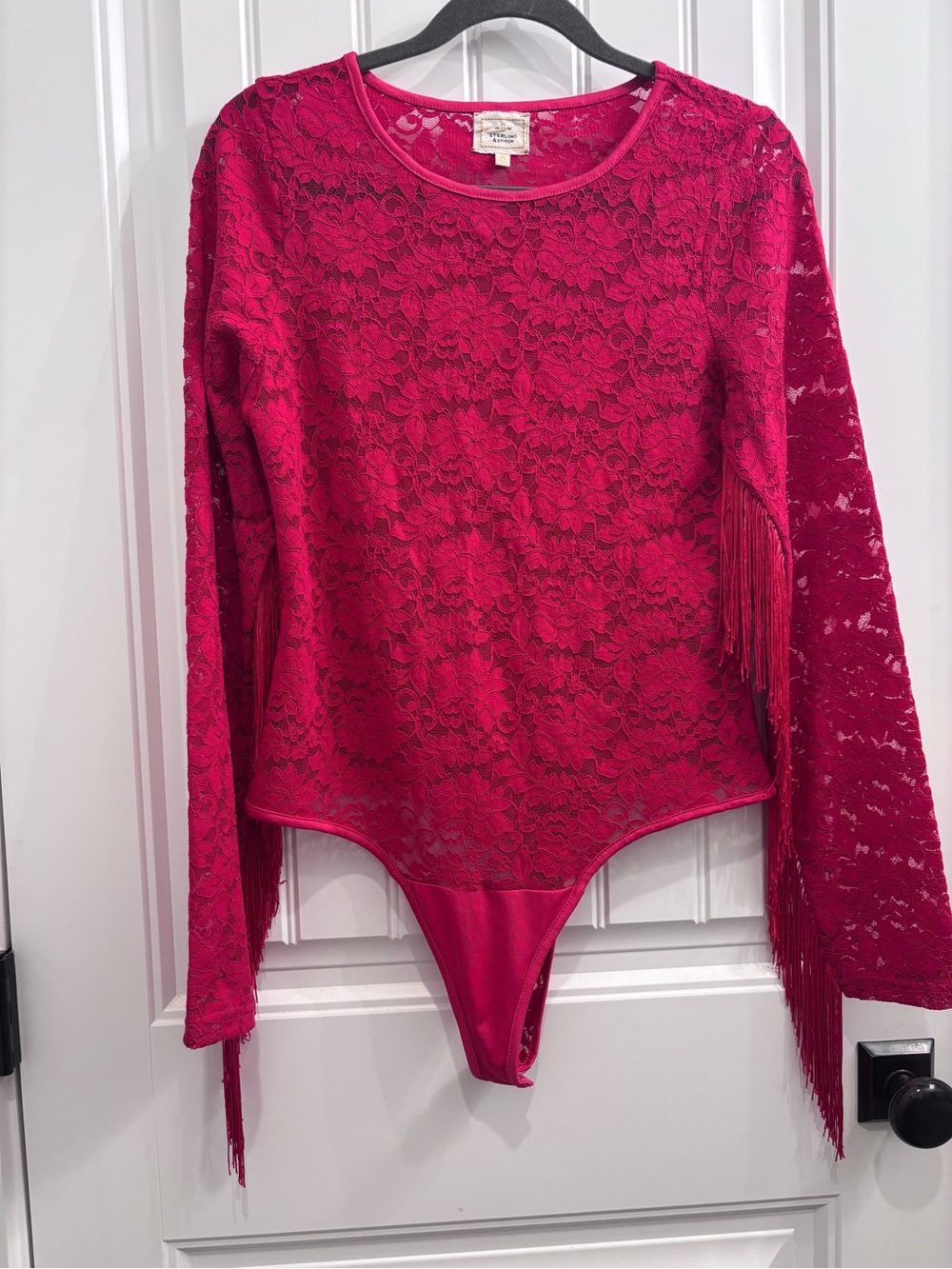 Red Lace Long-Sleeve Bodysuit with Fringe Detail